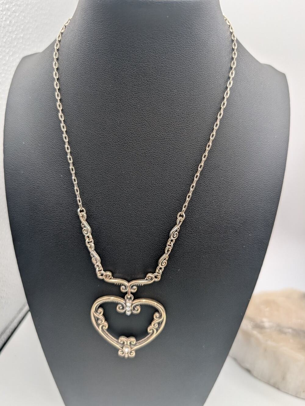 Brighton VTG-Style Ornate Heart Pendant Necklace Antiqued Silver Tone Swarovski